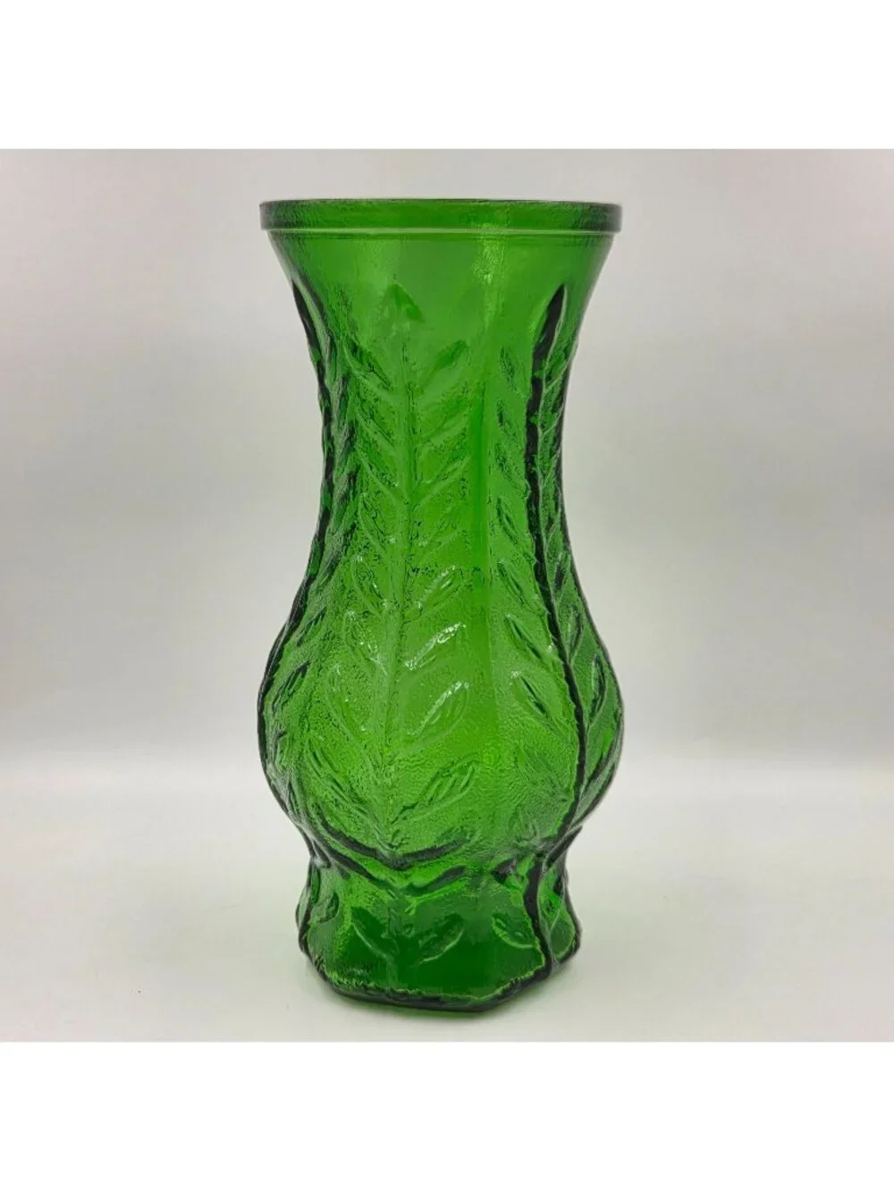 Vintage FTD 1970s-1980s Emerald Green Glass Vase Oak Leaf Design